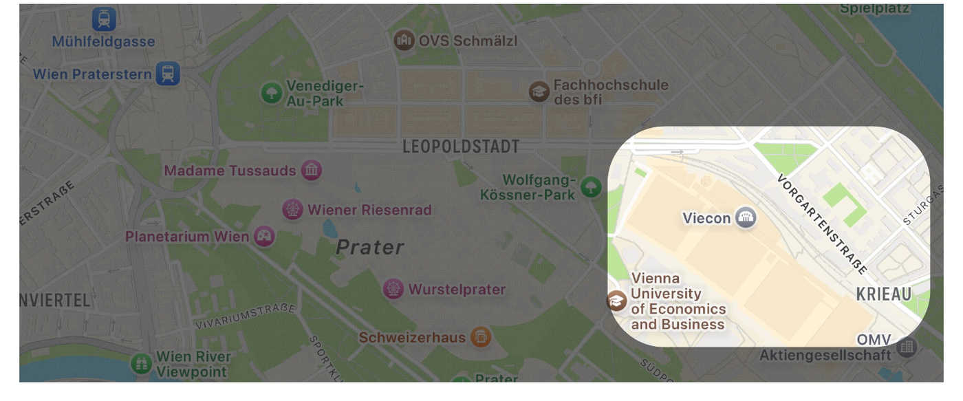 Map and entrance orientation for VIECON, the Vienna Congress and Convention Center.